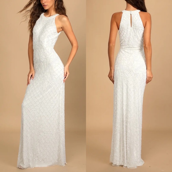 White Beaded Sequin Halter Mermaid Maxi Dress ✨ - Picture 3 of 12
